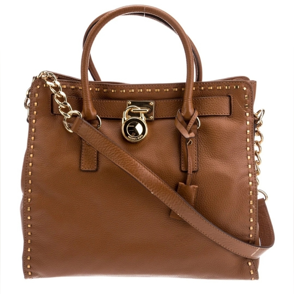 Michael Kors MK Hamilton Brown Tan Chain Padlock Satchel Crossbody Purse Handbag